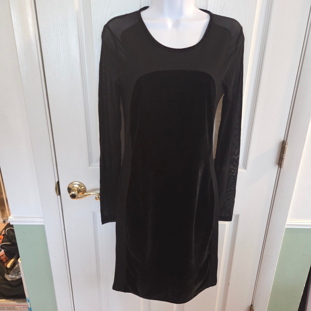 Reiss Maria Black Velvet Mesh Long Sleeve Bodycon Sheath Dress Size US 6 Party